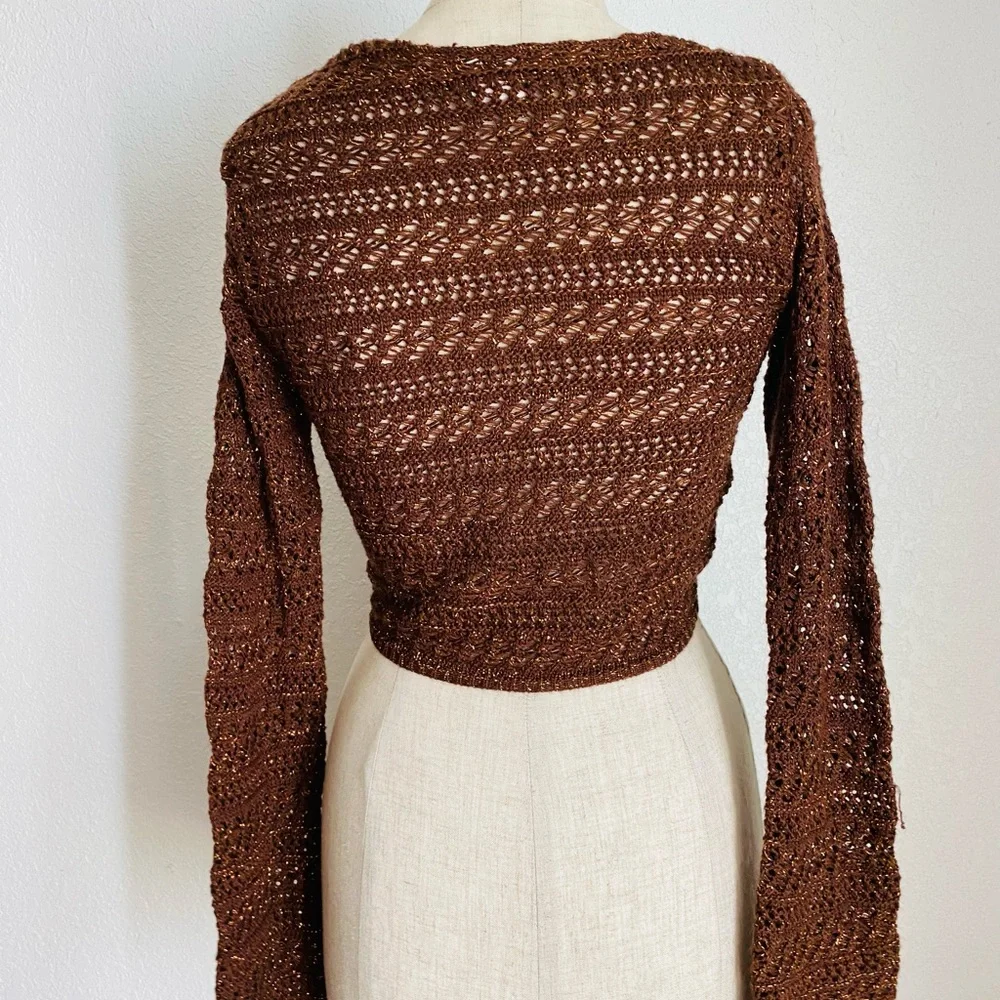 Tie-Front Sweater-Knit Bolero Top Y2K 90s Brown Metallic - Picture 6 of 11
